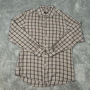 Zegna Mens Premium Cotton Plaid Button Down Shirt Brown Grey Regular Fit Large